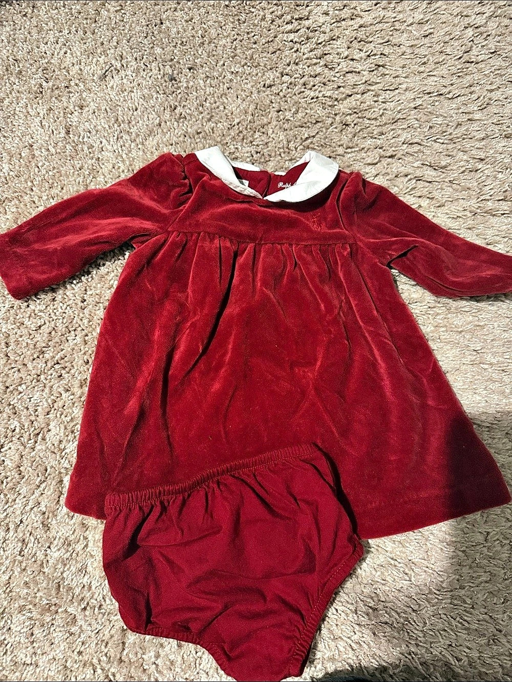 Ralph Lauren Velour Dress & Bloomer Baby Red & White Dress Set 3M